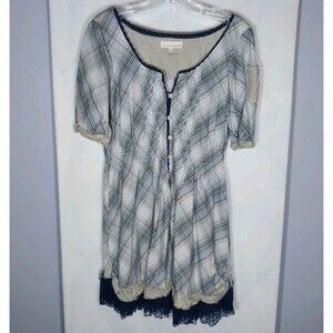 Anthropologie Odd Molly Tunic Dress L Plaid Mixed Media Smocked Waist Peasant